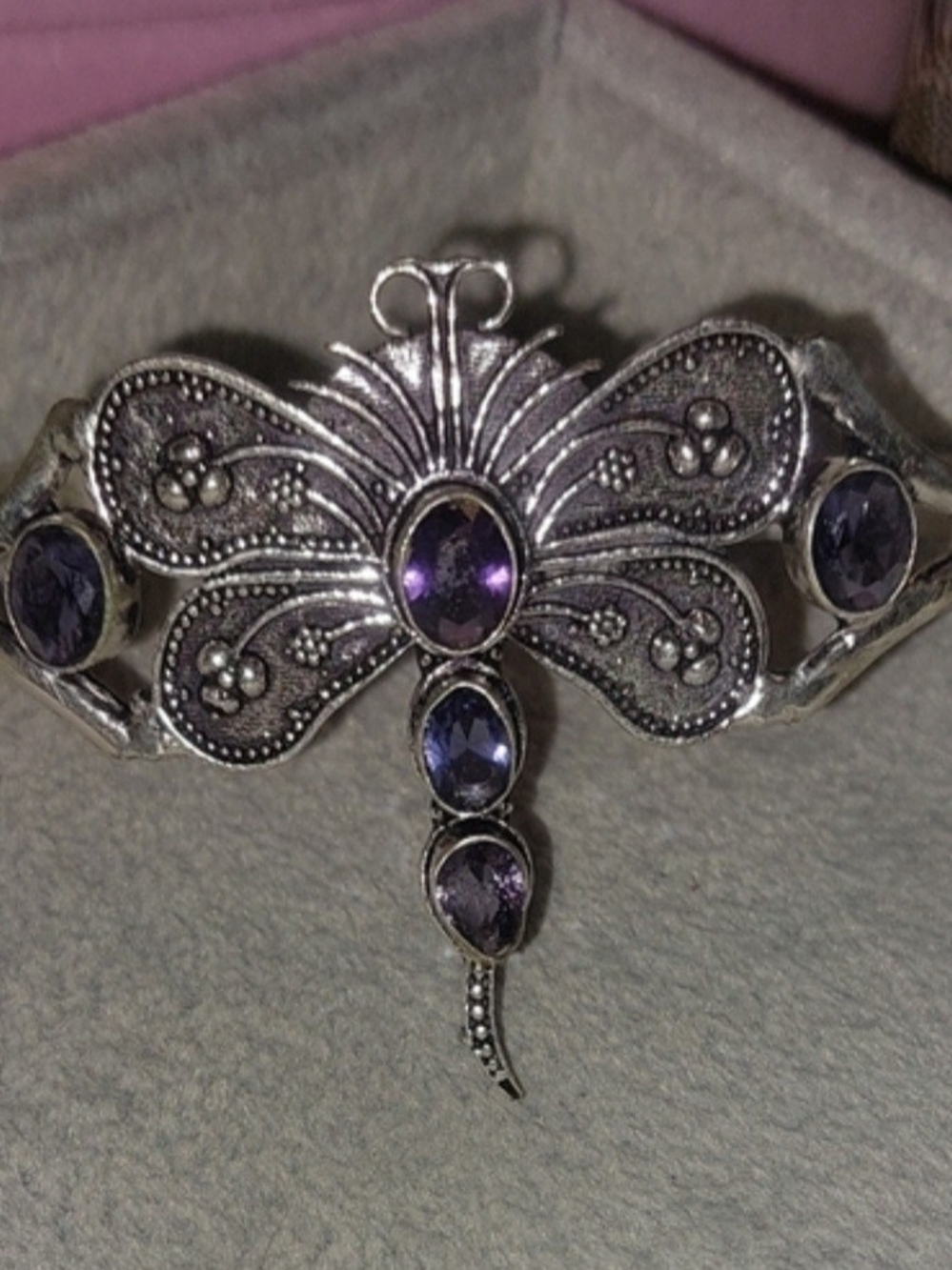 Vintage Silver Dragonfly Bracelet with Purple Stones